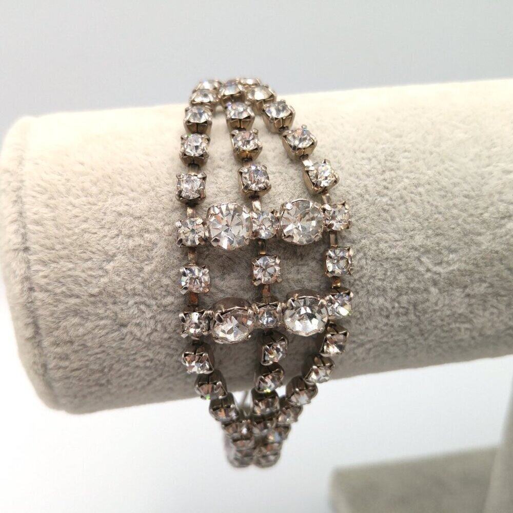 Vintage Clear Rhinestone Bracelet Wide Wedding Formal Statement 8 Inch